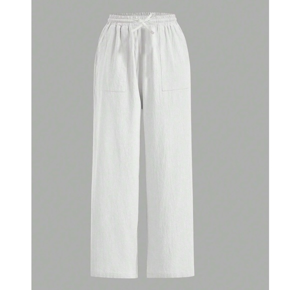 White 100% Cotton Elastic Waist Wide Pants with Drawstring Ties Pockets Long - Picture 7 of 10